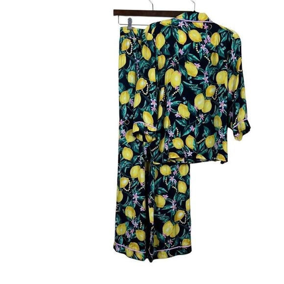 Pj Sleepwear Top Pants Set Yellow Lemon Tropical Fruit Button Down Size S - Picture 3 of 9